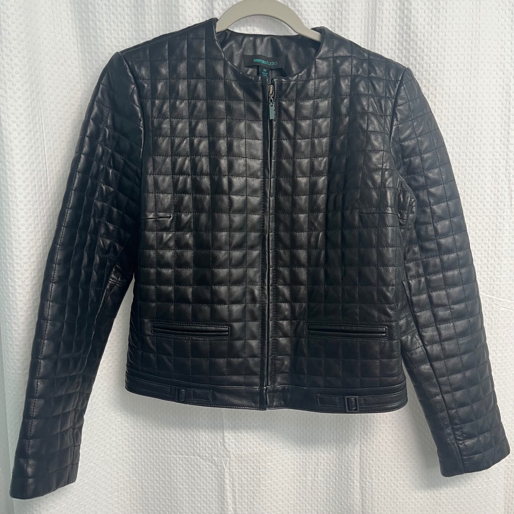 Siena Studio Womens Black Quilted Leather Jacket Zip Front Collarless Moto med